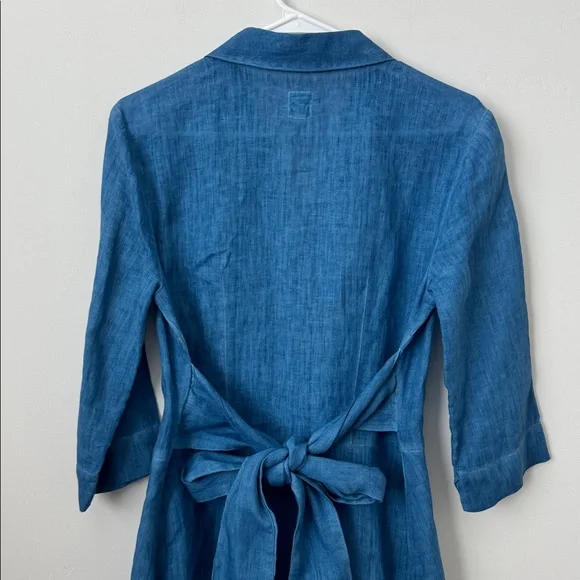 120% Lino 100% Linen Blue Button Front Tie Waist Midi Shirt Dress Size: 42 - Picture 9 of 12